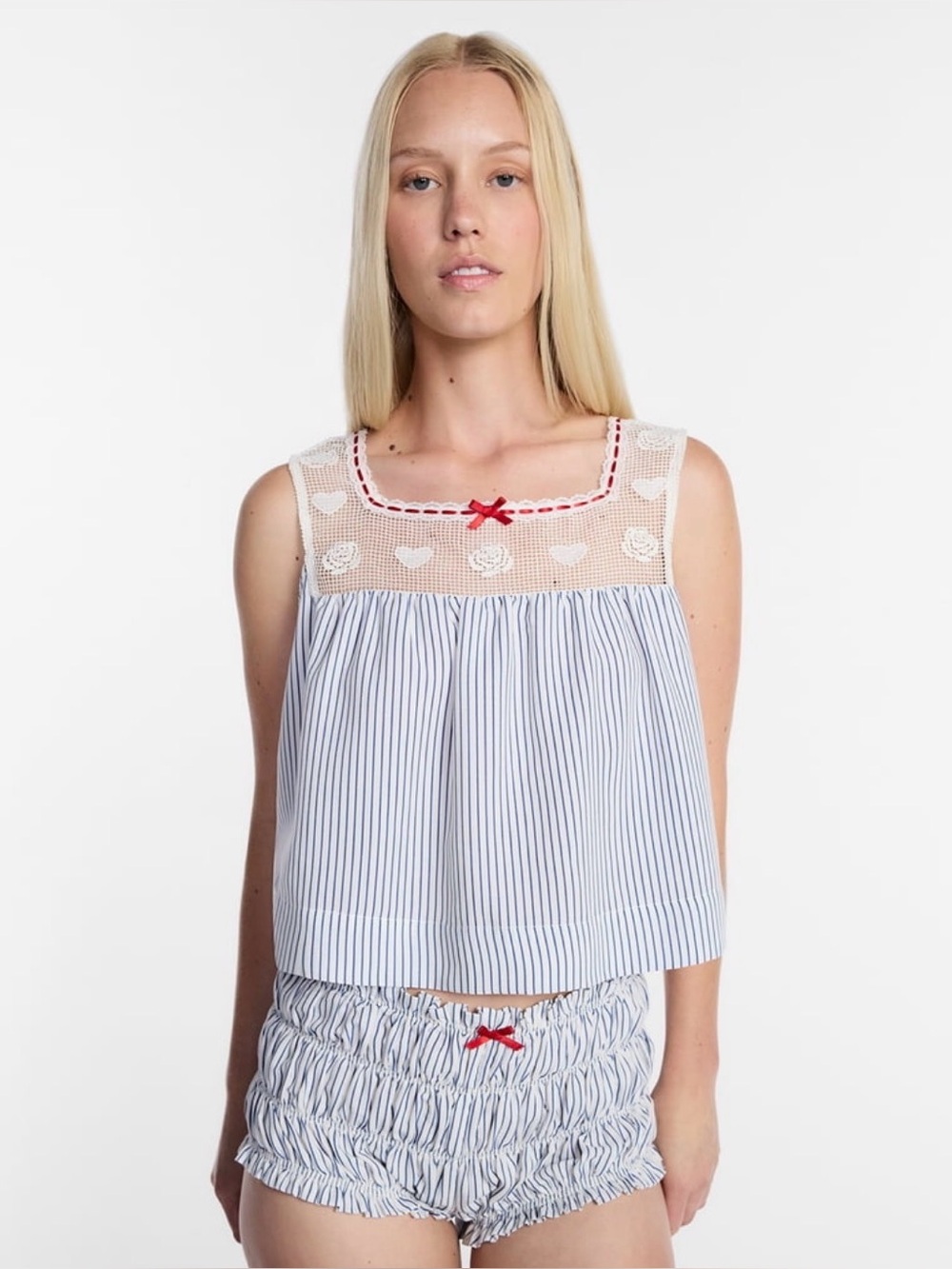 NWT-20 Striped Blue & White Lace-Trim Sleep Set with Red Accents